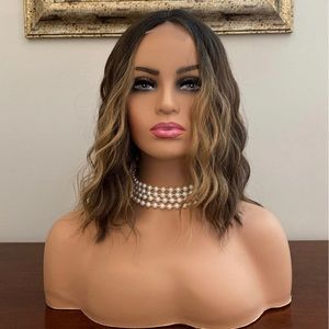 Brown wavy bob wig with face framing highlights